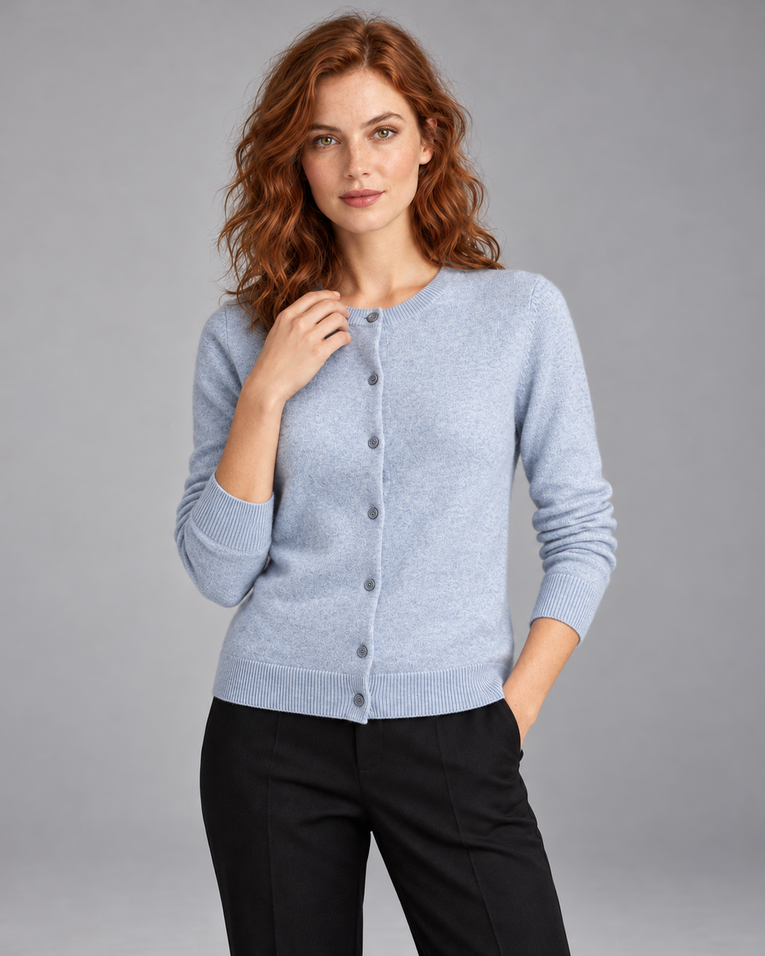 Women's merino wool crew-neck cardigan in light blue