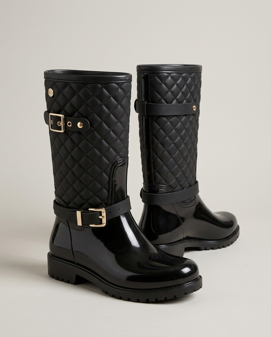 Black quilted waterproof mid-calf rain boots, hero view