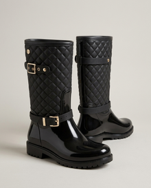 Black quilted waterproof mid-calf rain boots, hero view