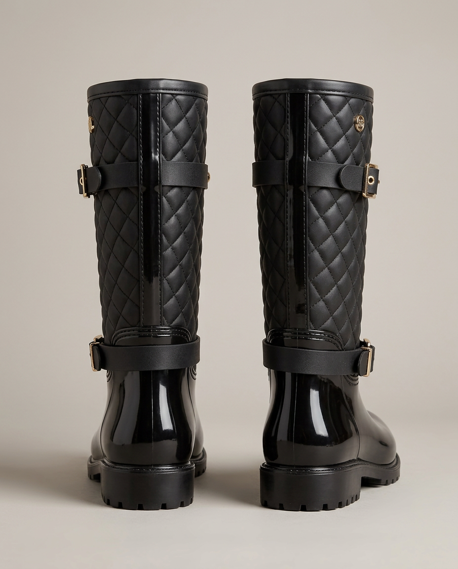 Black quilted waterproof mid-calf rain boots, rear view