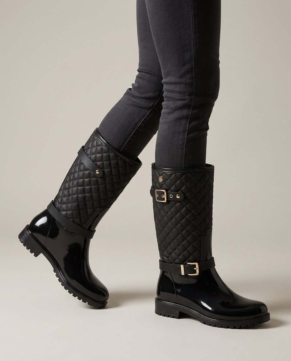 Black quilted waterproof mid-calf rain boots, hero view
