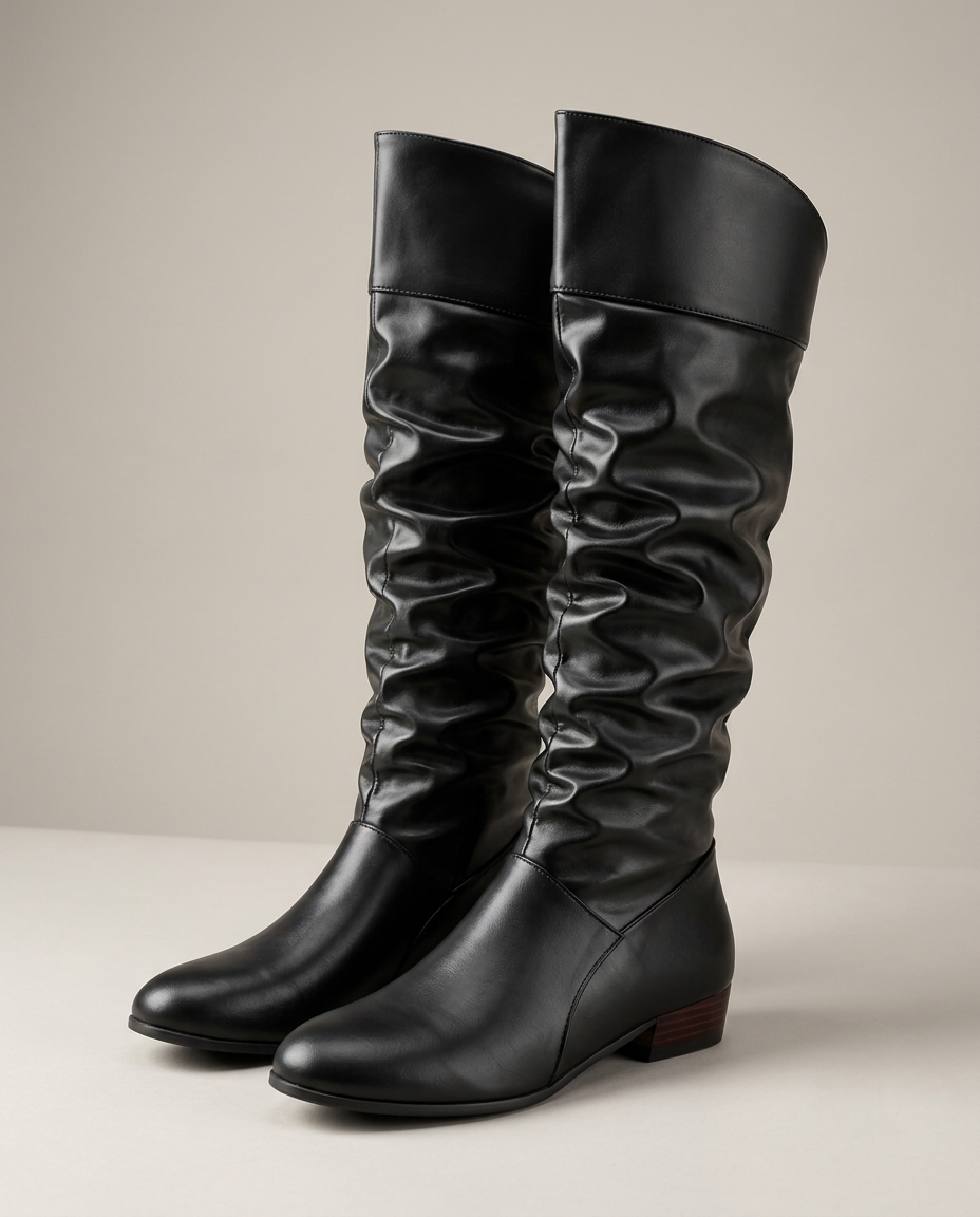 Black slouch knee-high boots with low block heel, hero view