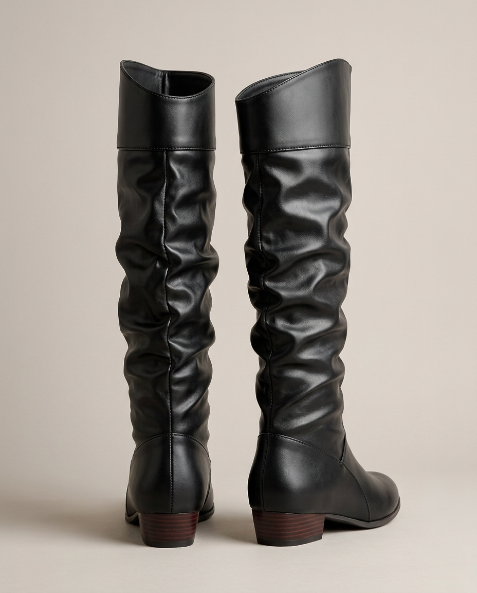 Black slouch knee-high boots, rear heel view
