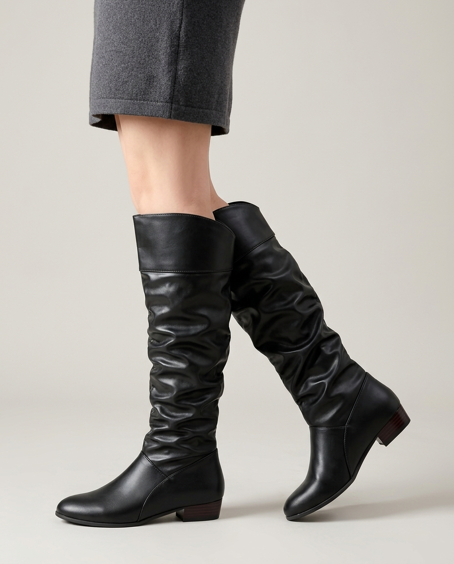 Black slouch knee-high boots with low block heel, hero view