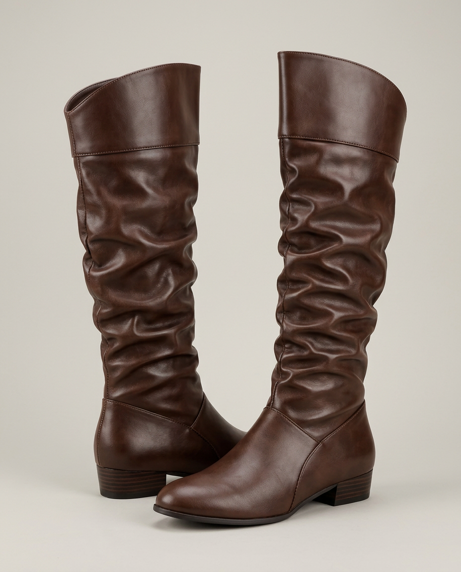 Coffee slouch knee-high boots with low block heel