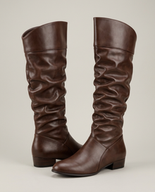 Coffee slouch knee-high boots with low block heel