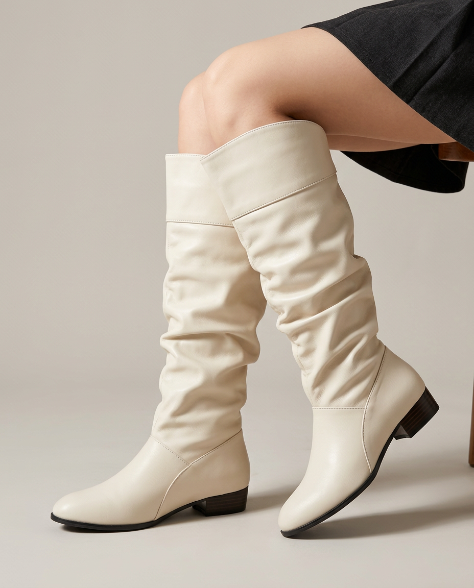 White slouch knee-high boots, on-model studio view