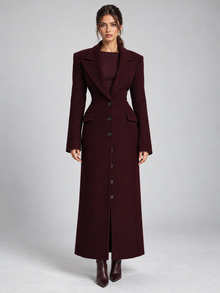 Women's tailored longline wool coat in burgundy – front