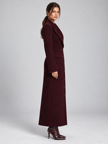 Women's tailored longline wool coat in burgundy – side