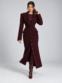 Women's tailored longline wool coat in burgundy – walking