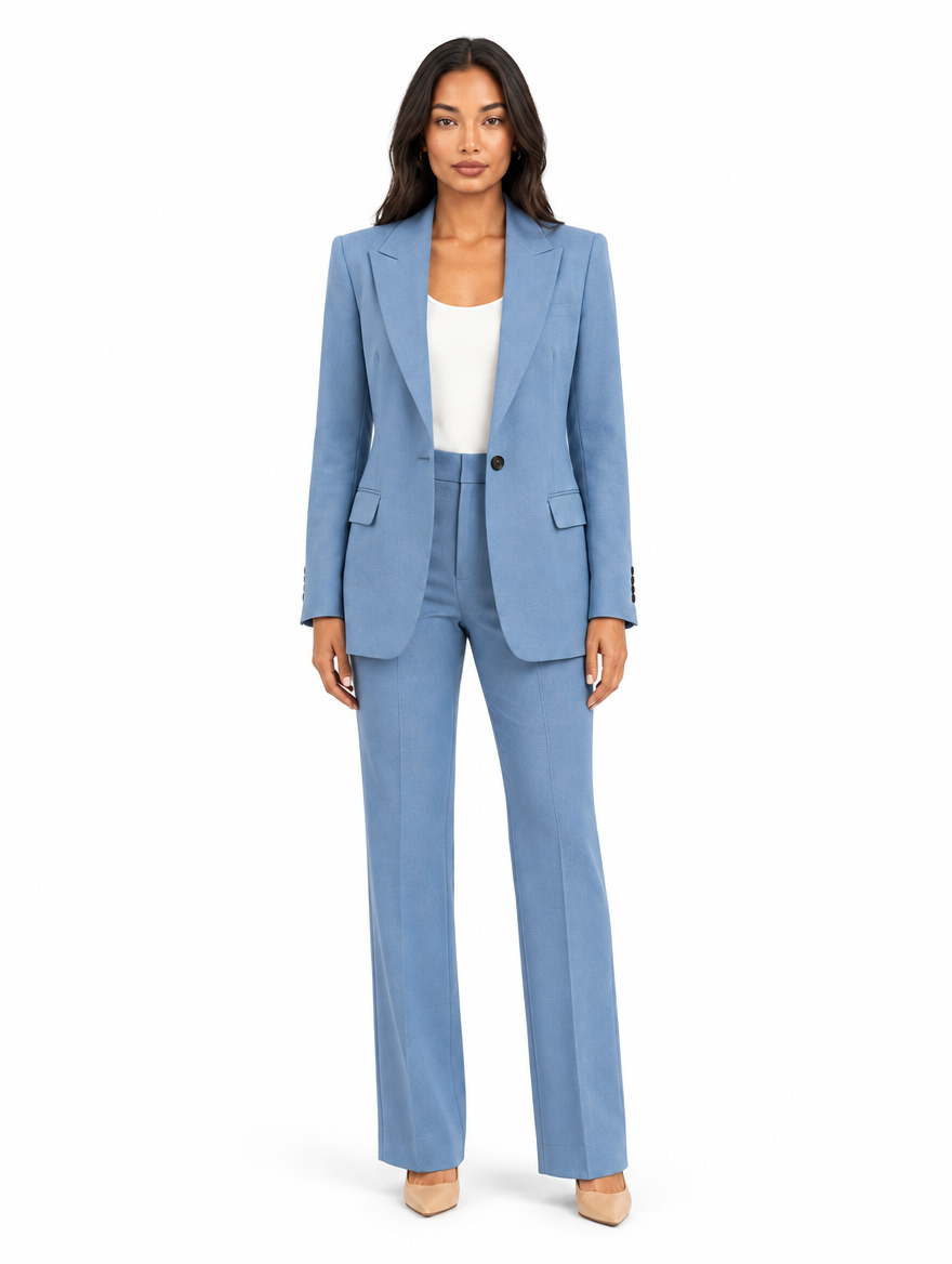 Women’s blue tailored blazer and high-waist trousers set – front view