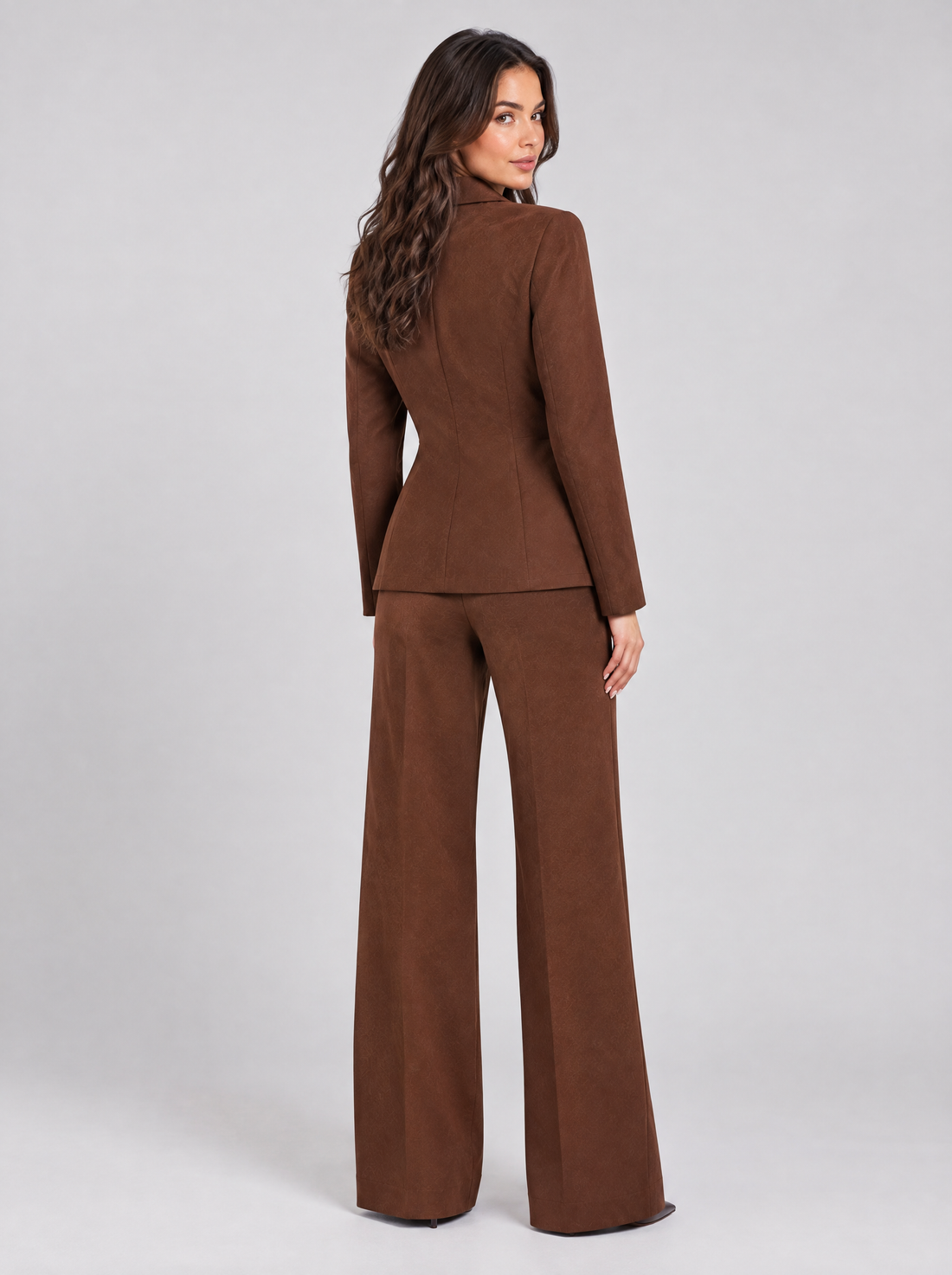 Women’s brown two-piece trouser suit, front view