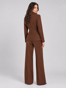 Women’s brown wide-leg trouser suit, back view