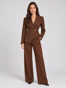 Women’s brown tailored trouser suit, three-quarter view