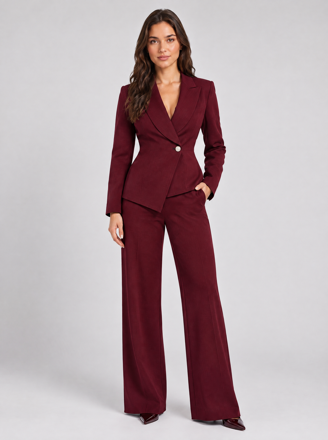 Women’s burgundy tailored two-piece trouser suit