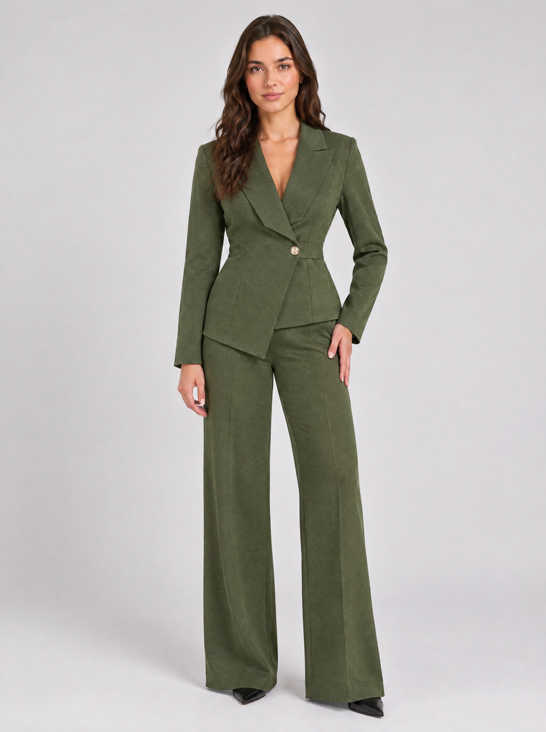 Women’s olive-green tailored two-piece trouser suit