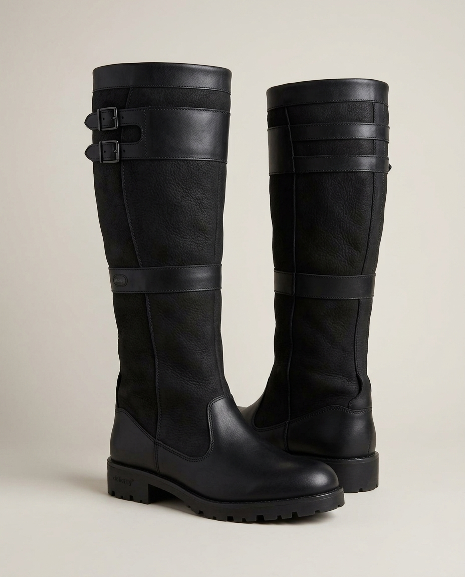 Black waterproof leather knee-high boots, studio view
