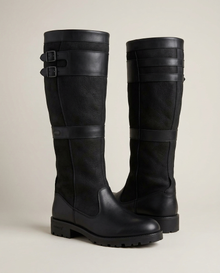 Black waterproof leather knee-high boots, studio view