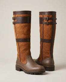 Coffee waterproof leather knee-high boots, front three-quarter studio view