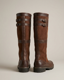 Coffee waterproof leather knee-high boots, rear heel view