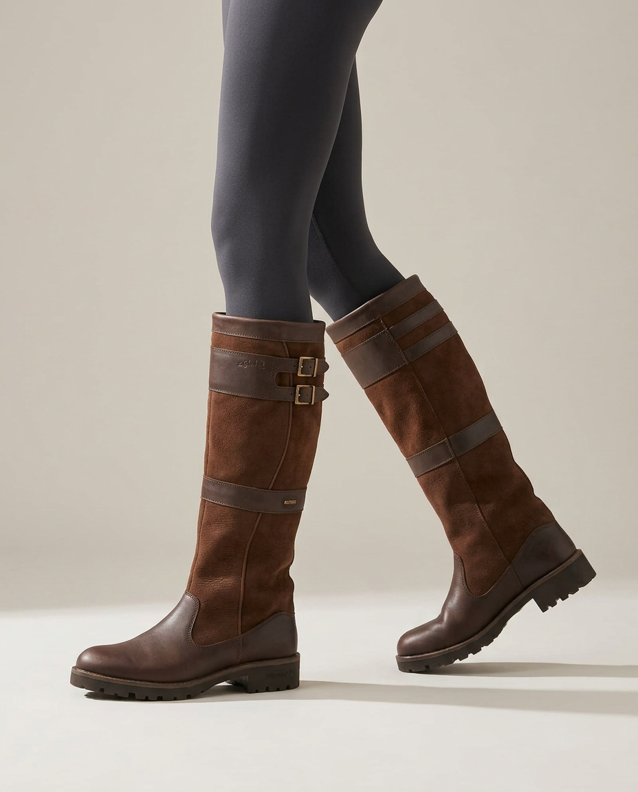 Coffee waterproof leather knee-high boots, front three-quarter studio view