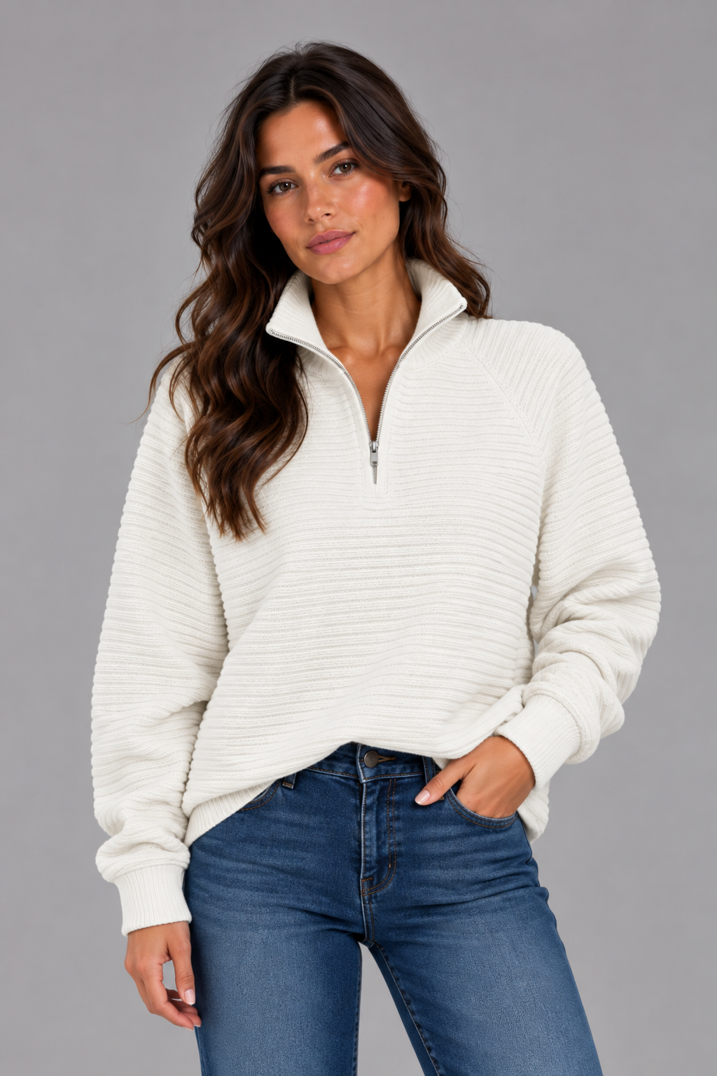 Women's Ribbed Half Zip Pullover – Casual Knit Zip Neck Jumper