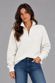 Women's Ribbed Half Zip Pullover – Casual Knit Zip Neck Jumper