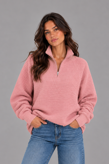 Women's Ribbed Half Zip Pullover – Casual Knit Zip Neck Jumper